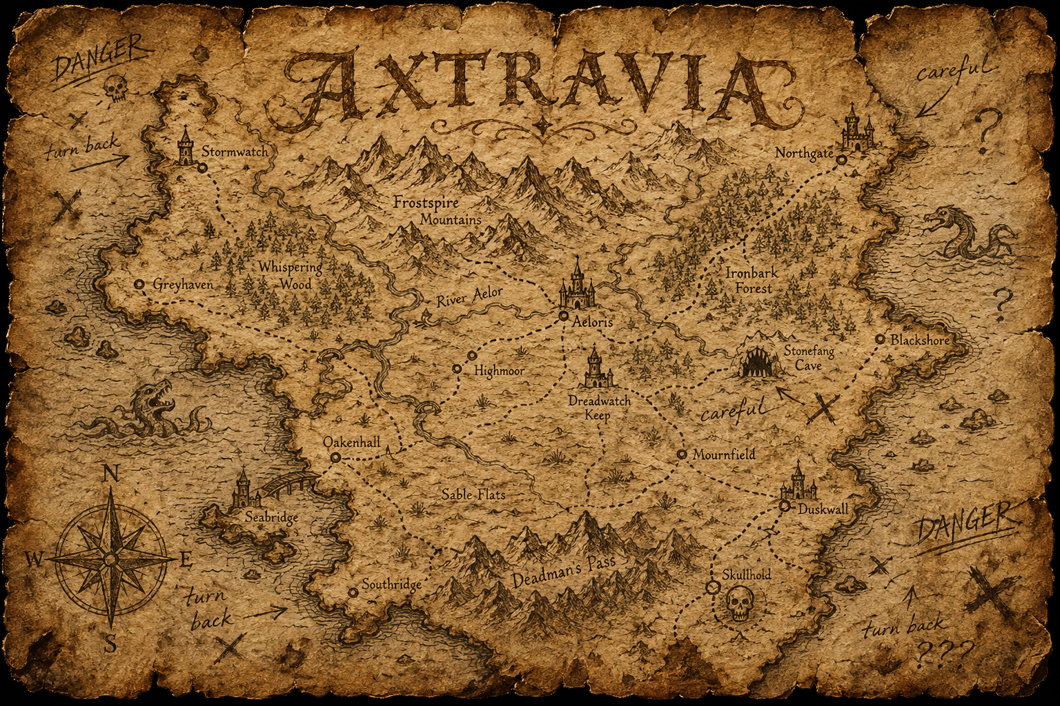 Ancient hand-drawn map of Axtravia with mountains, settlements, paths, caves, cities, and handwritten traveler warnings and symbols.
