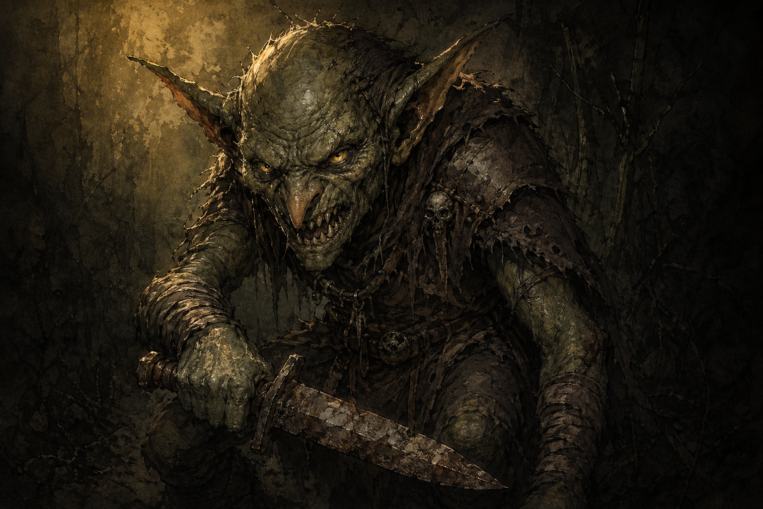 Ink-and-wash illustration of a snarling goblin with glowing eyes, gripping a rusted blade.